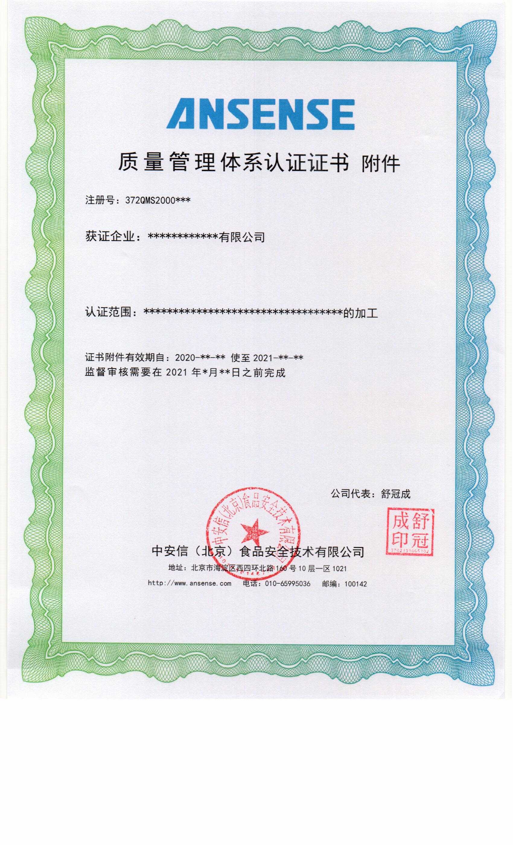 認(rèn)證證書模板0002質(zhì)量附件